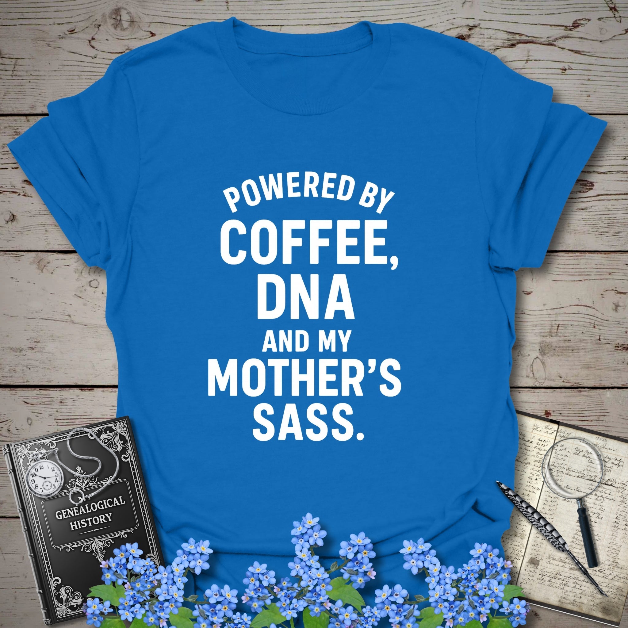 Powered By Coffee, DNA and Sass T-Shirt in Royal by Genealogy Keepsakes