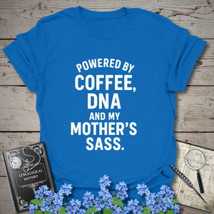 Powered By Coffee, DNA and Sass T-Shirt in Royal by Genealogy Keepsakes