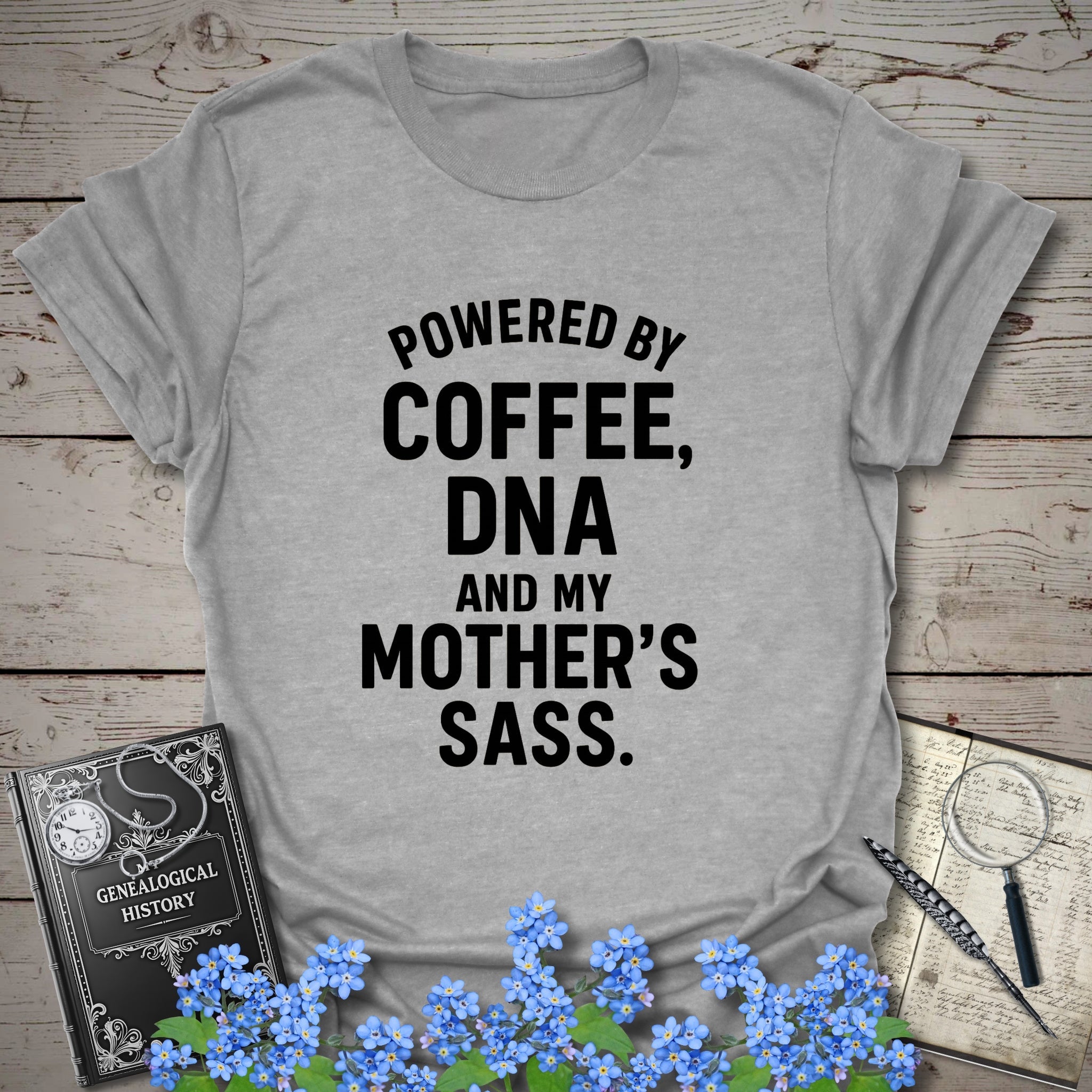 Powered By Coffee, DNA and Sass T-Shirt in Sport Grey by Genealogy Keepsakes