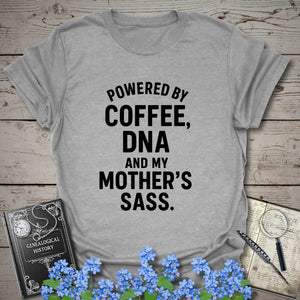 Powered By Coffee, DNA and Sass T-Shirt in Sport Grey by Genealogy Keepsakes