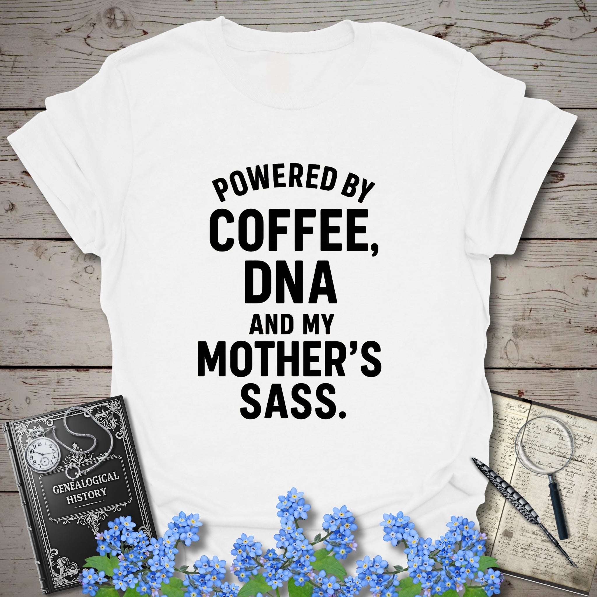 Powered By Coffee, DNA and Sass T-Shirt in White by Genealogy Keepsakes