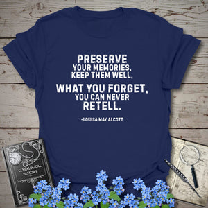 Preserve Your Memories T-Shirt in Navy by Genealogy Keepsakes