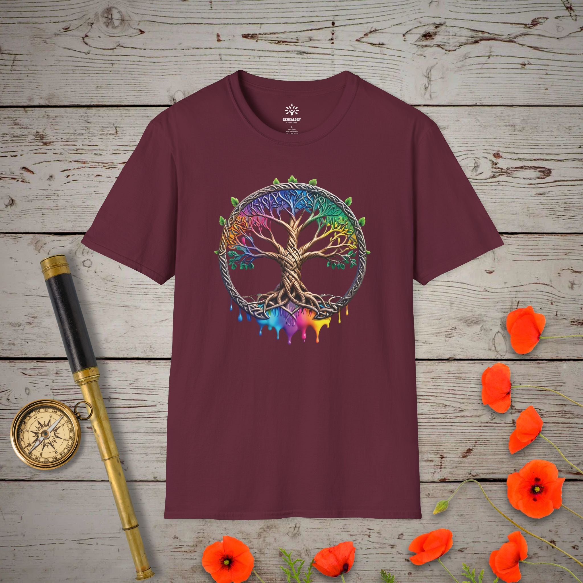 Rainbow Tree of Life T-Shirt in Maroon by Genealogy Keepsakes