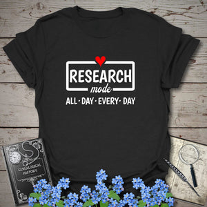 Research Mode T-Shirt in Black by Genealogy Keepsakes