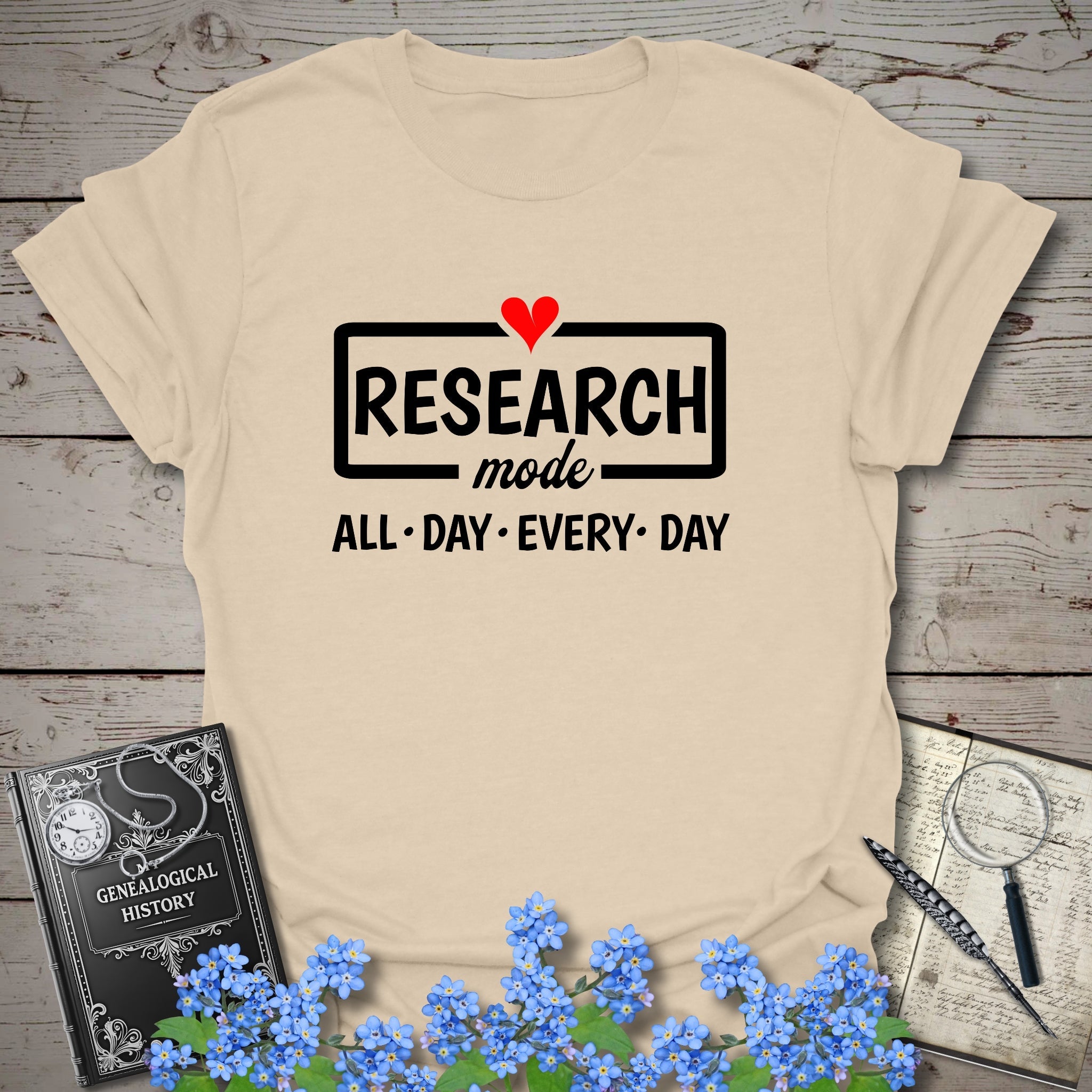 Research Mode T-Shirt in Sand by Genealogy Keepsakes