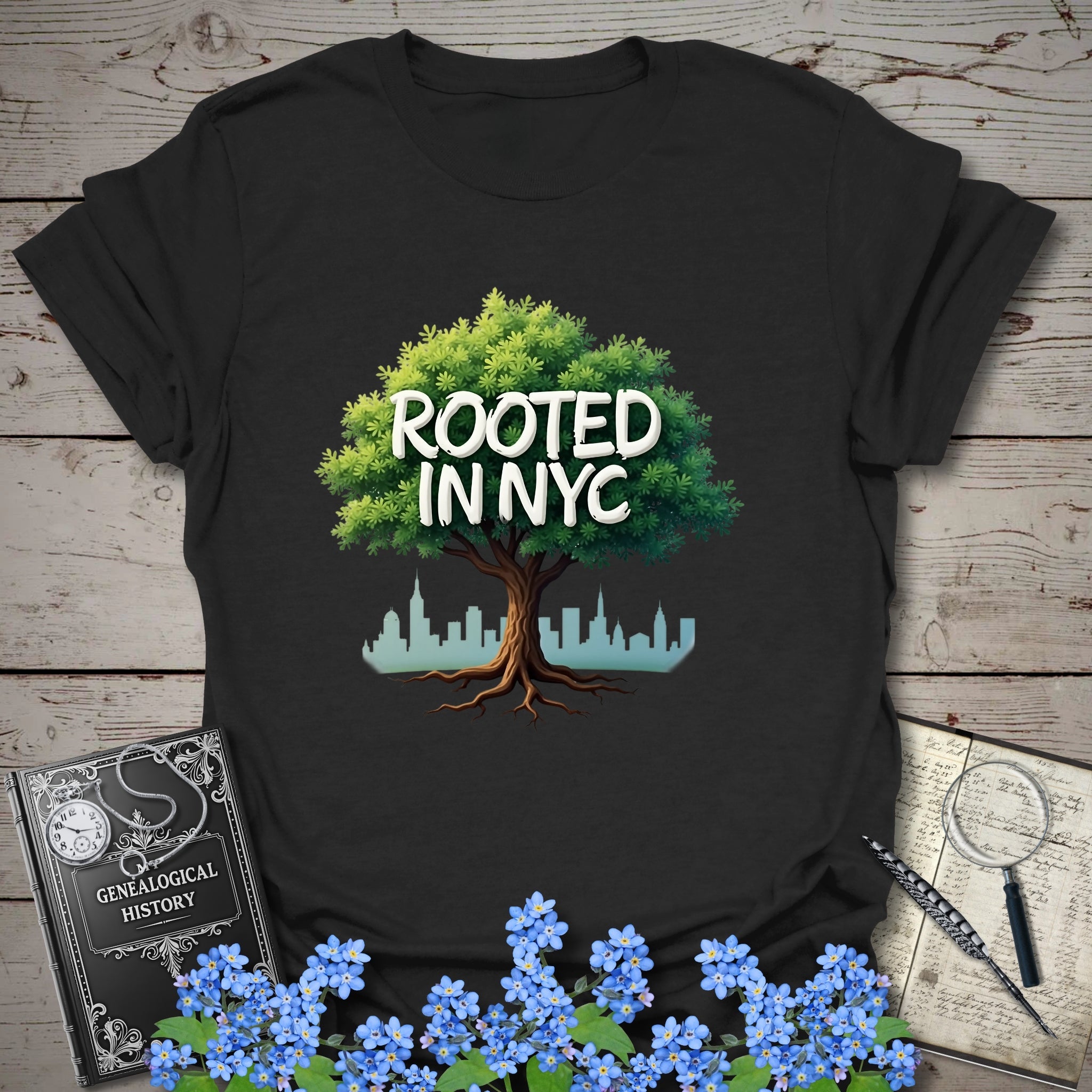 Rooted in NYC T-Shirt in Black by Genealogy Keepsakes