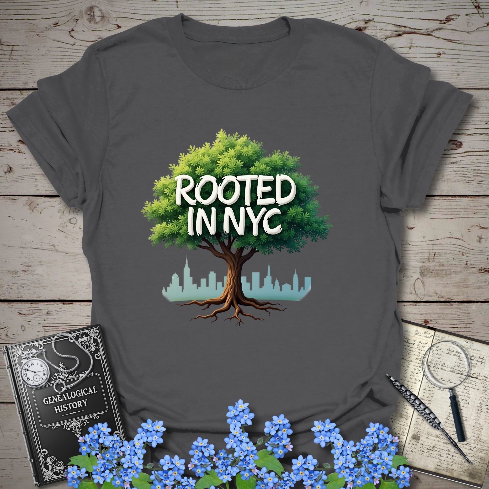 Rooted in NYC T-Shirt in Charcoal by Genealogy Keepsakes