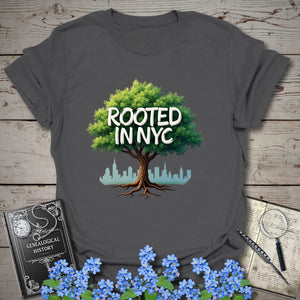 Rooted in NYC T-Shirt in Charcoal by Genealogy Keepsakes