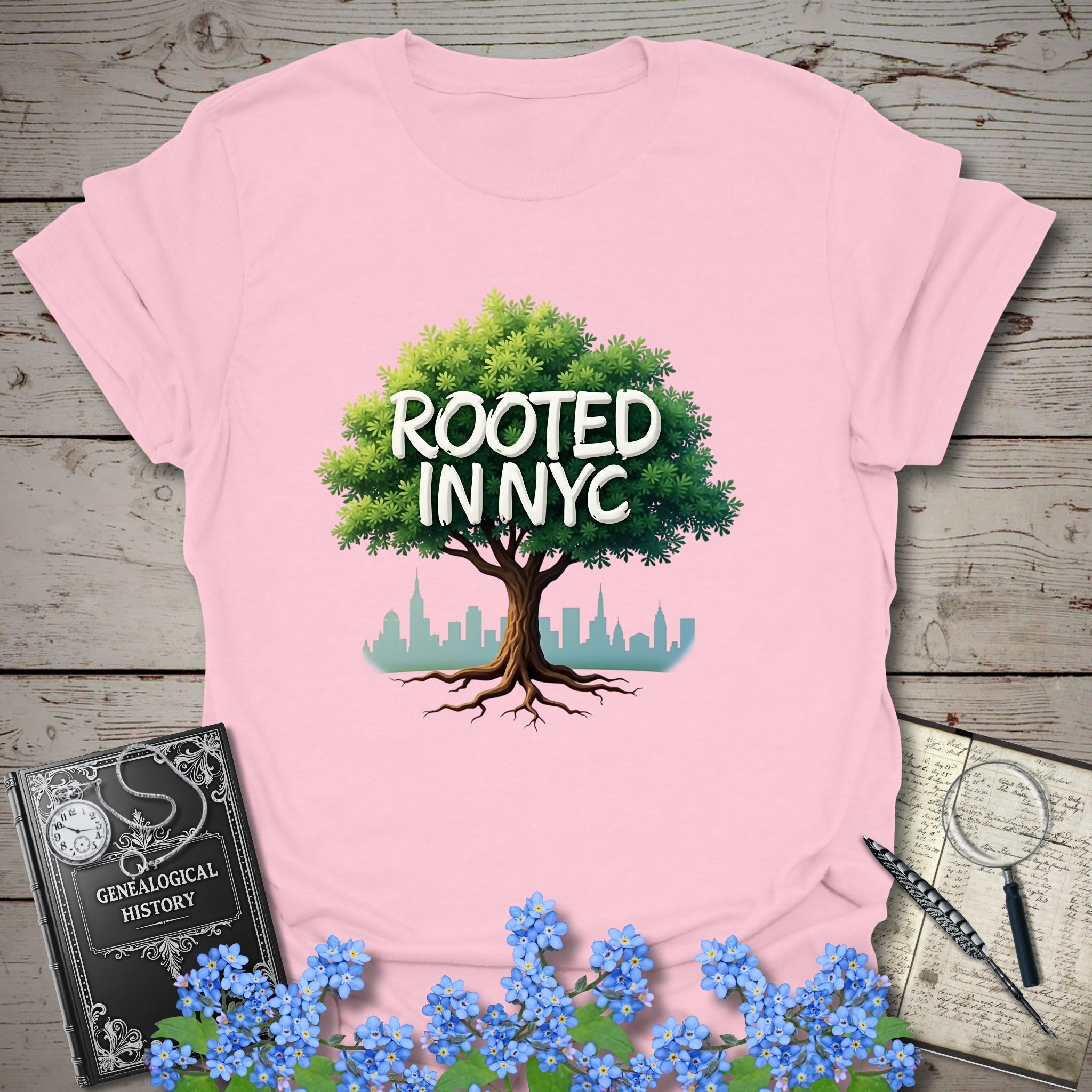 Rooted in NYC T-Shirt in Light Pink by Genealogy Keepsakes