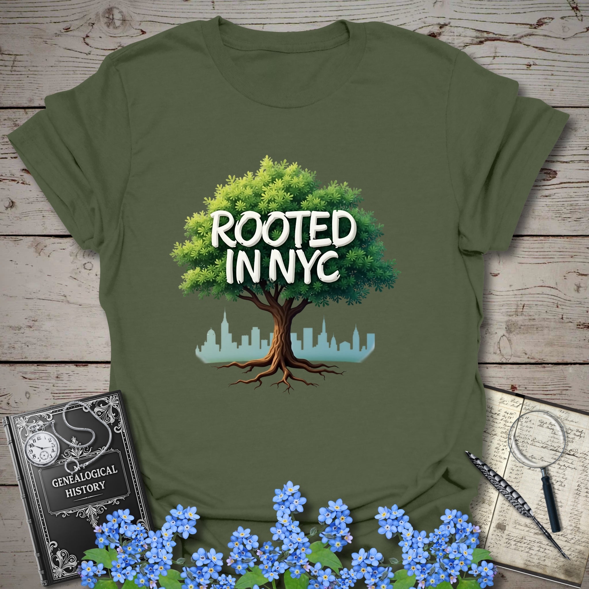 Rooted in NYC T-Shirt in Military Green by Genealogy Keepsakes