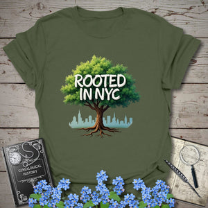 Rooted in NYC T-Shirt in Military Green by Genealogy Keepsakes