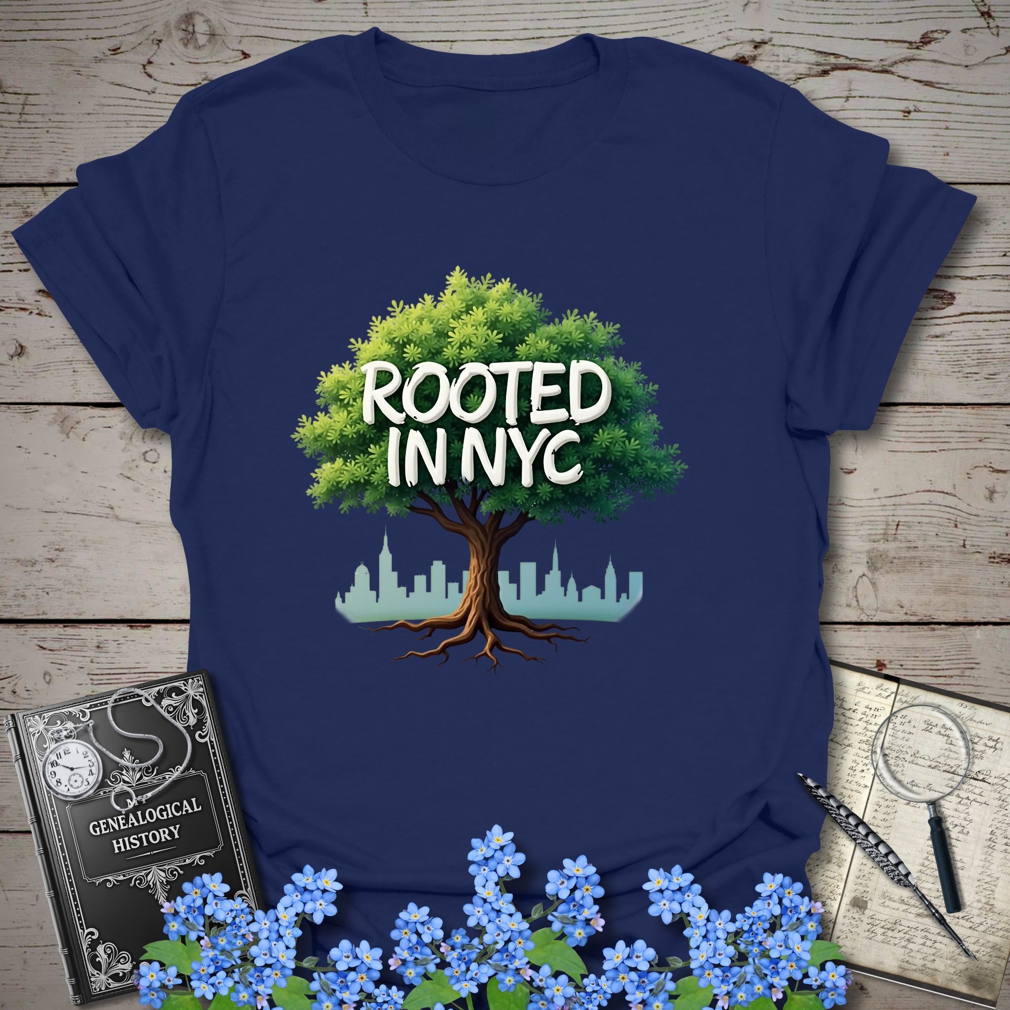 Rooted in NYC T-Shirt in Navy by Genealogy Keepsakes
