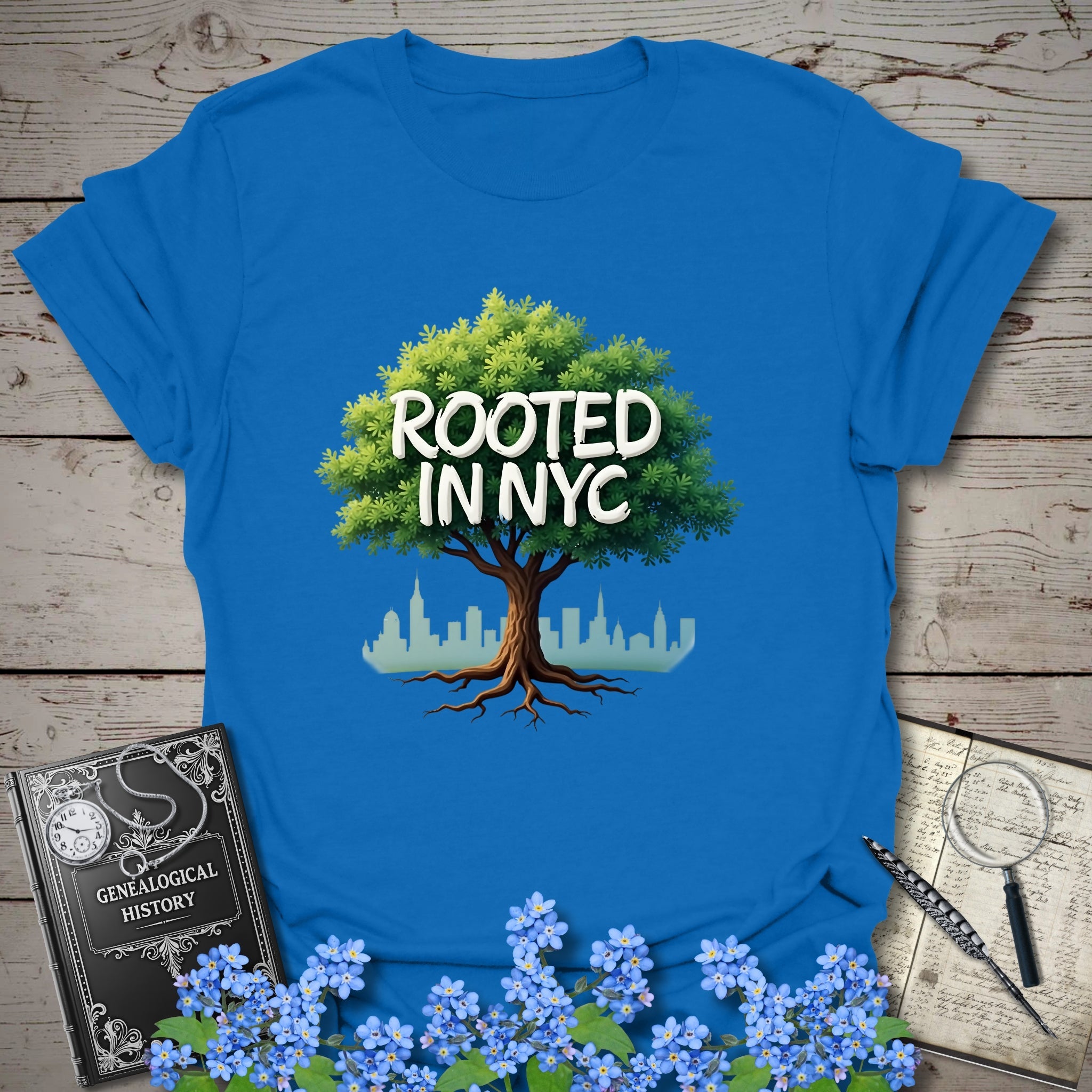 Rooted in NYC T-Shirt in Royal by Genealogy Keepsakes