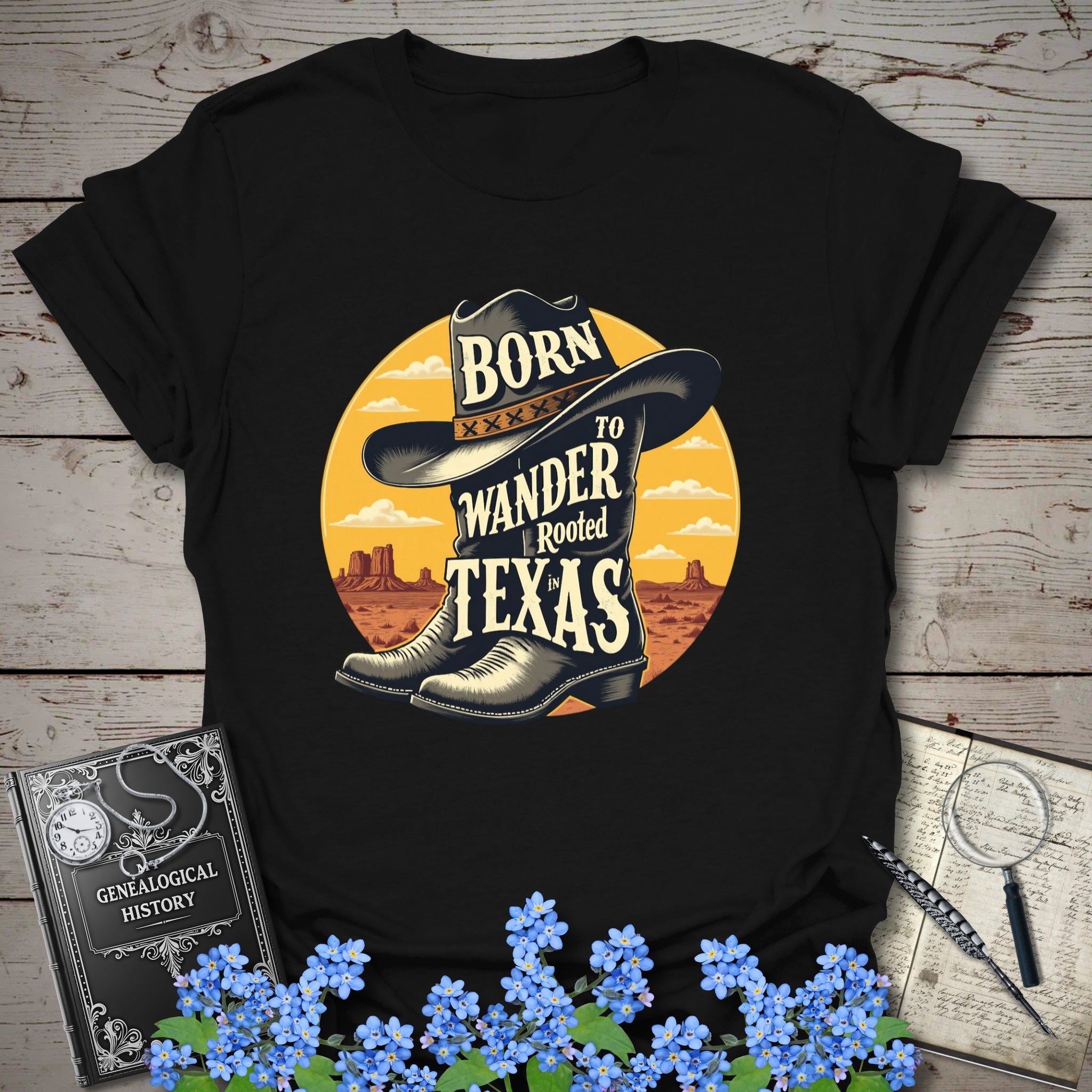 Rooted In Texas T-Shirt in Black by Genealogy Keepsakes
