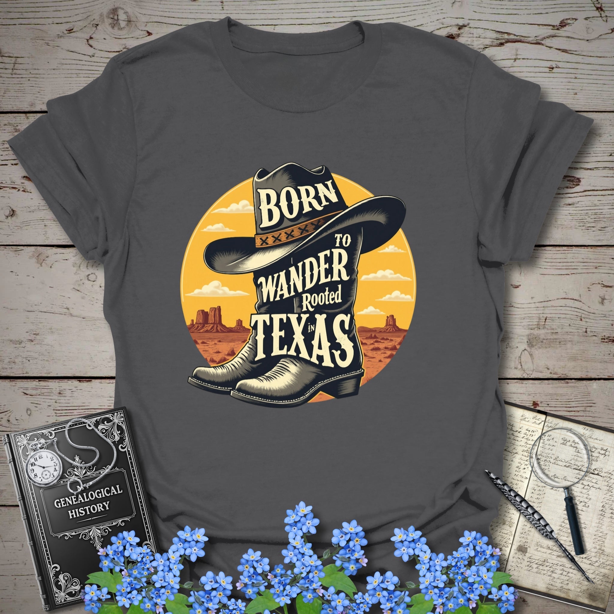 Rooted In Texas T-Shirt in Charcoal by Genealogy Keepsakes