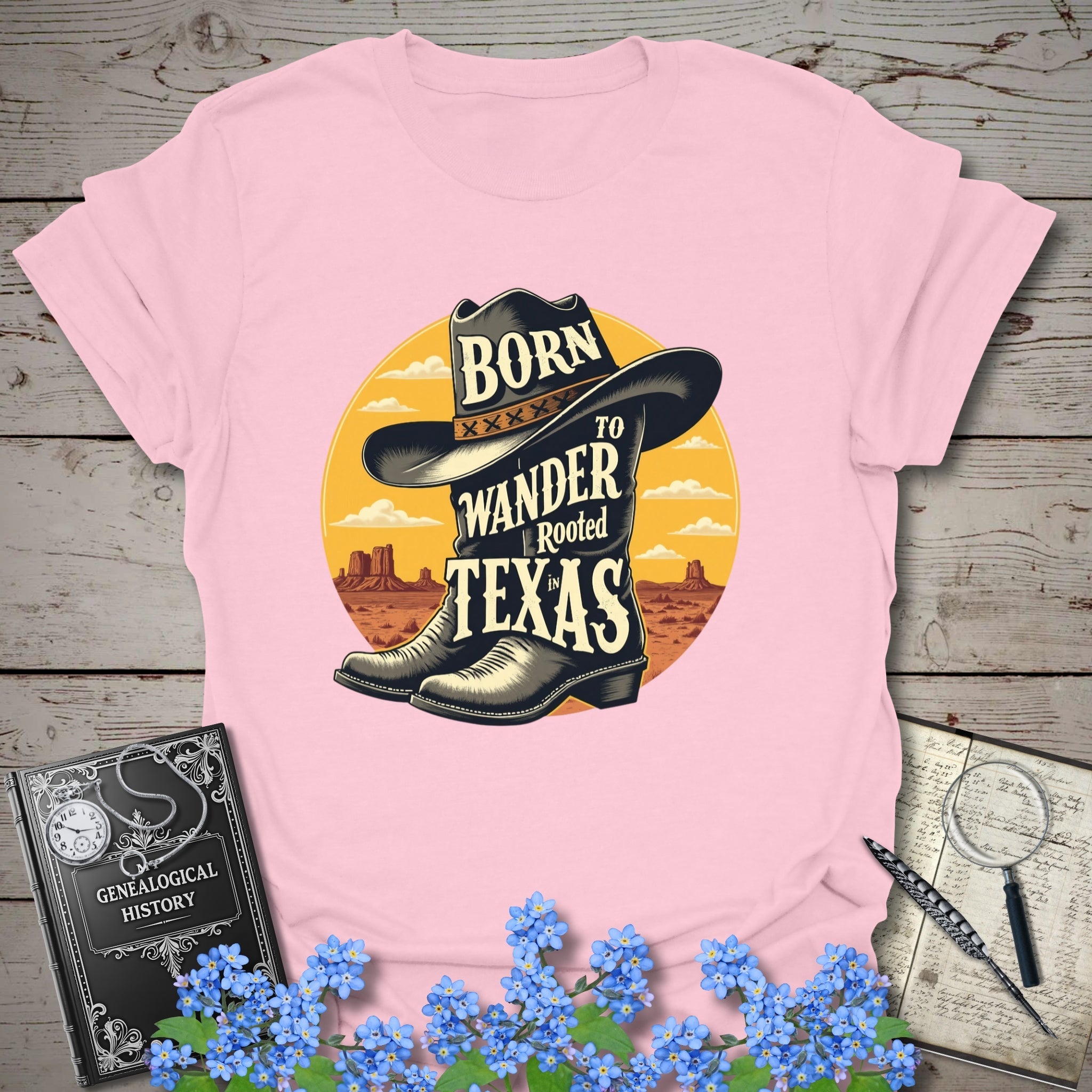 Rooted In Texas T-Shirt in Light Pink by Genealogy Keepsakes