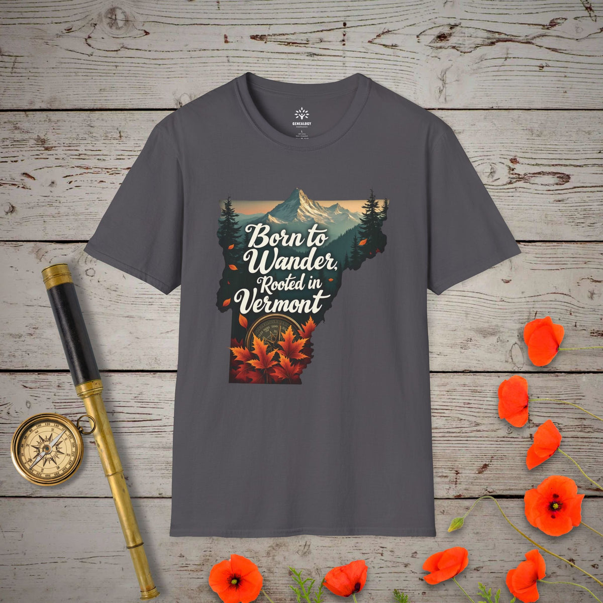 Rooted in Vermont T-Shirt - Genealogy Keepsakes Custom Genealogy Gift - Charcoal S