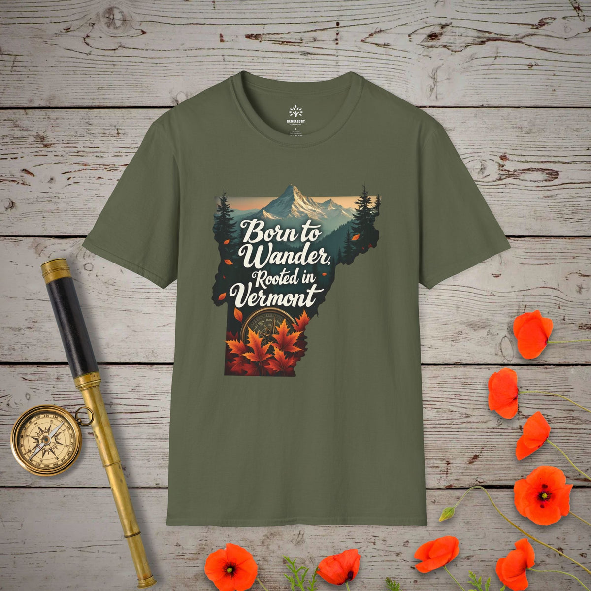 Rooted in Vermont T-Shirt - Genealogy Keepsakes Custom Genealogy Gift - Military Green S