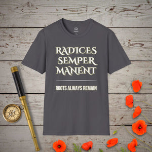 Roots Always Remain T-Shirt in Charcoal by Genealogy Keepsakes