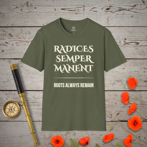 Roots Always Remain T-Shirt in Military Green by Genealogy Keepsakes
