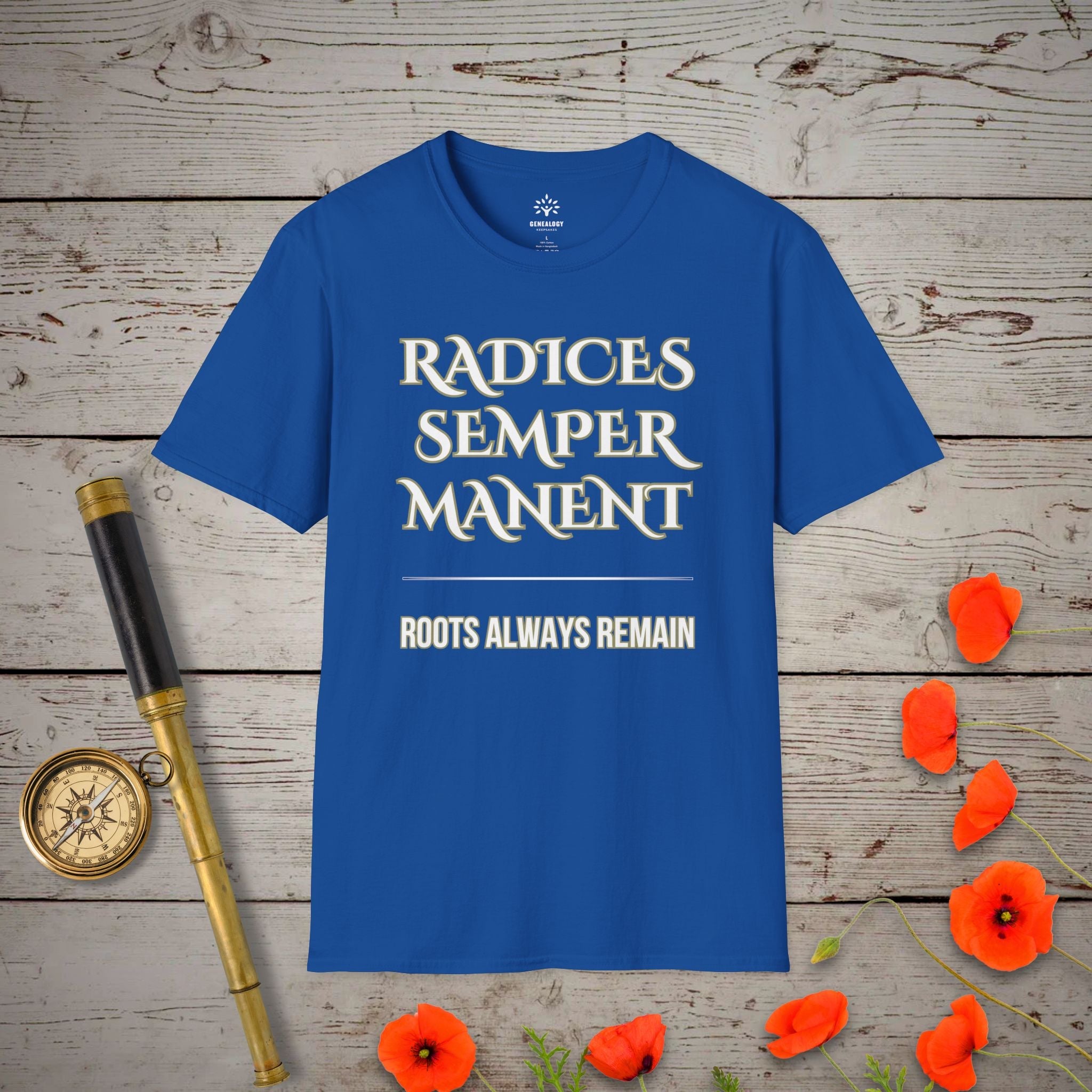 Roots Always Remain T-Shirt in Royal by Genealogy Keepsakes