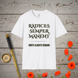 Roots Always Remain T-Shirt in White by Genealogy Keepsakes