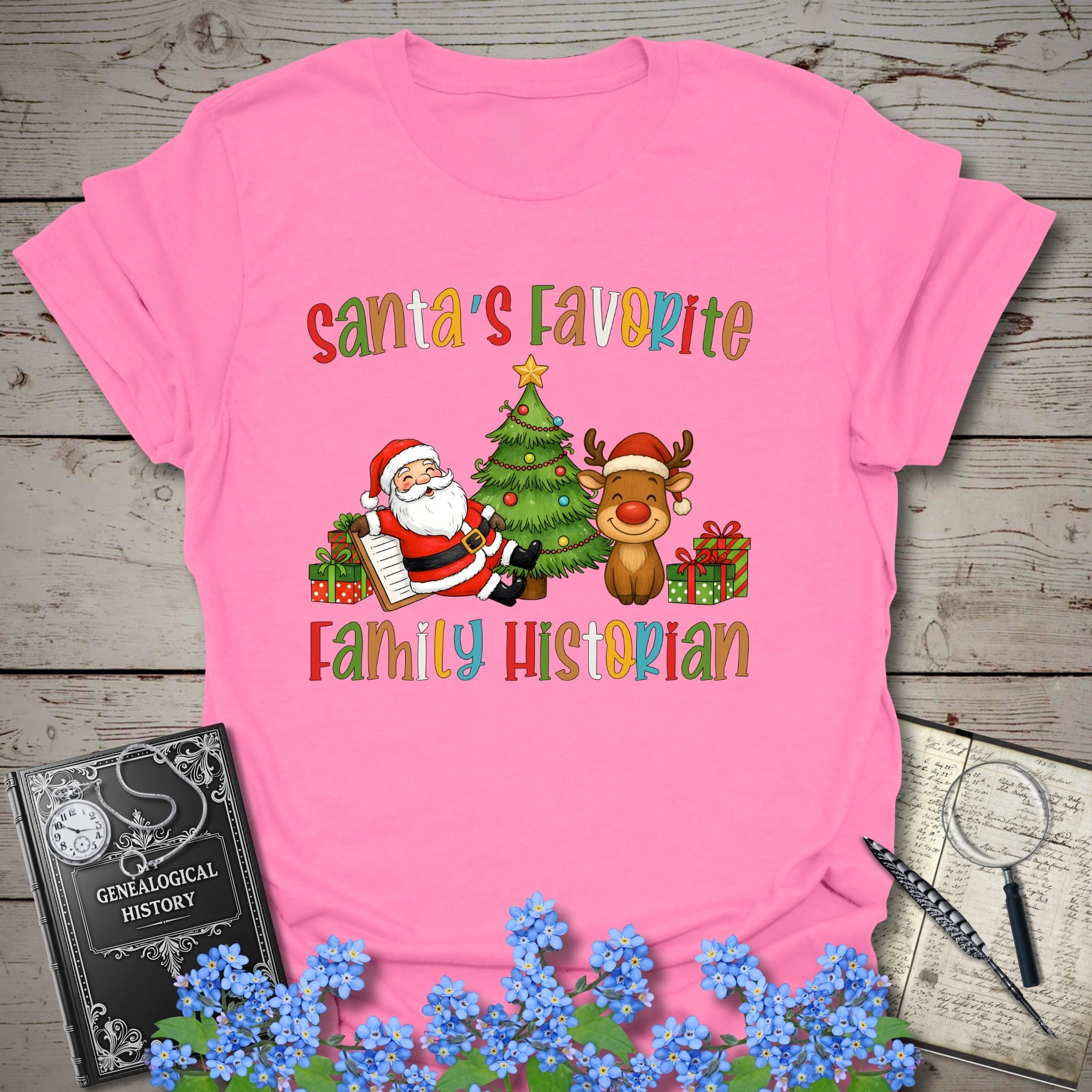 Santa's Favorite Family Historian T-Shirt in Azalea by Genealogy Keepsakes