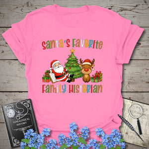 Santa's Favorite Family Historian T-Shirt in Azalea by Genealogy Keepsakes