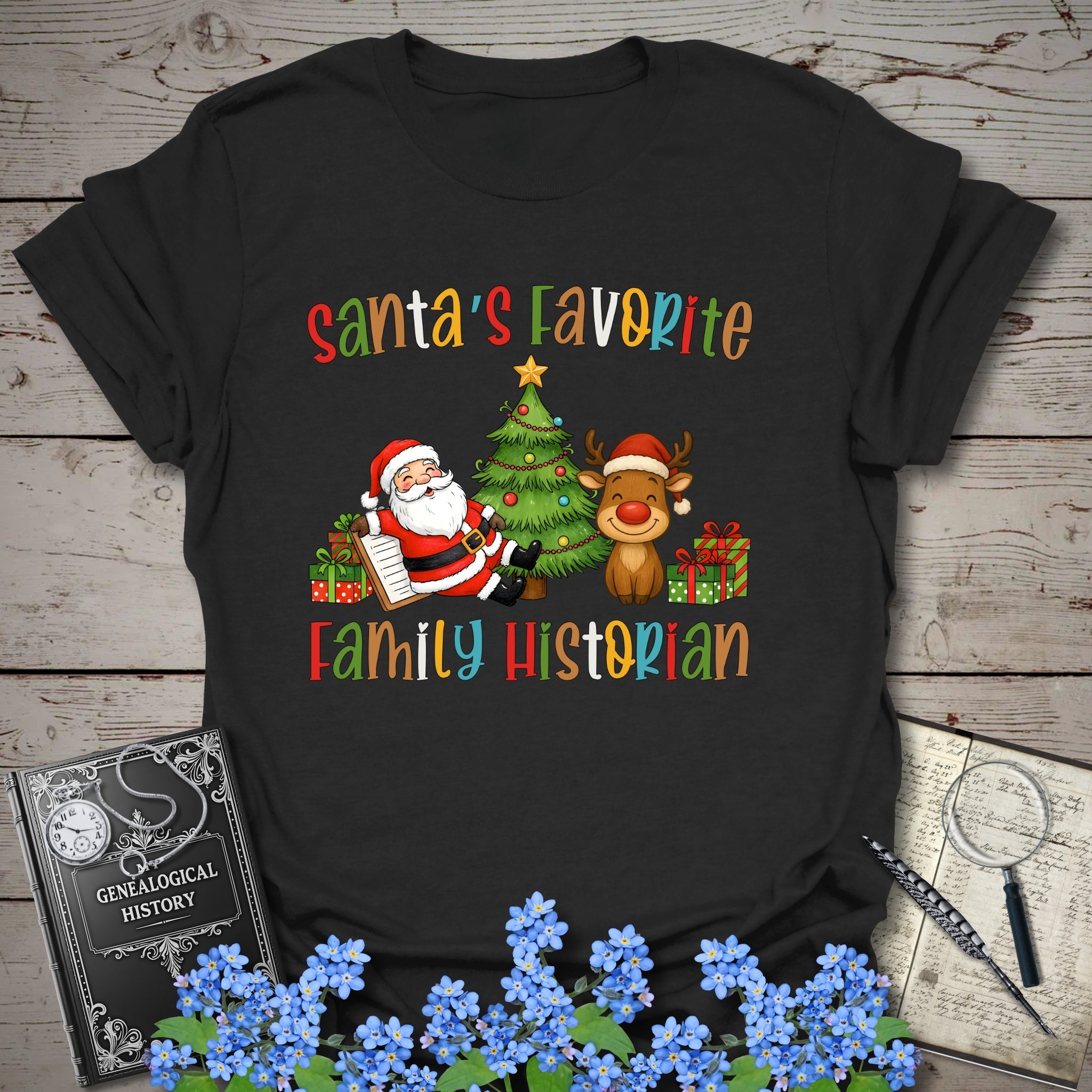 Santa's Favorite Family Historian T-Shirt in Black by Genealogy Keepsakes