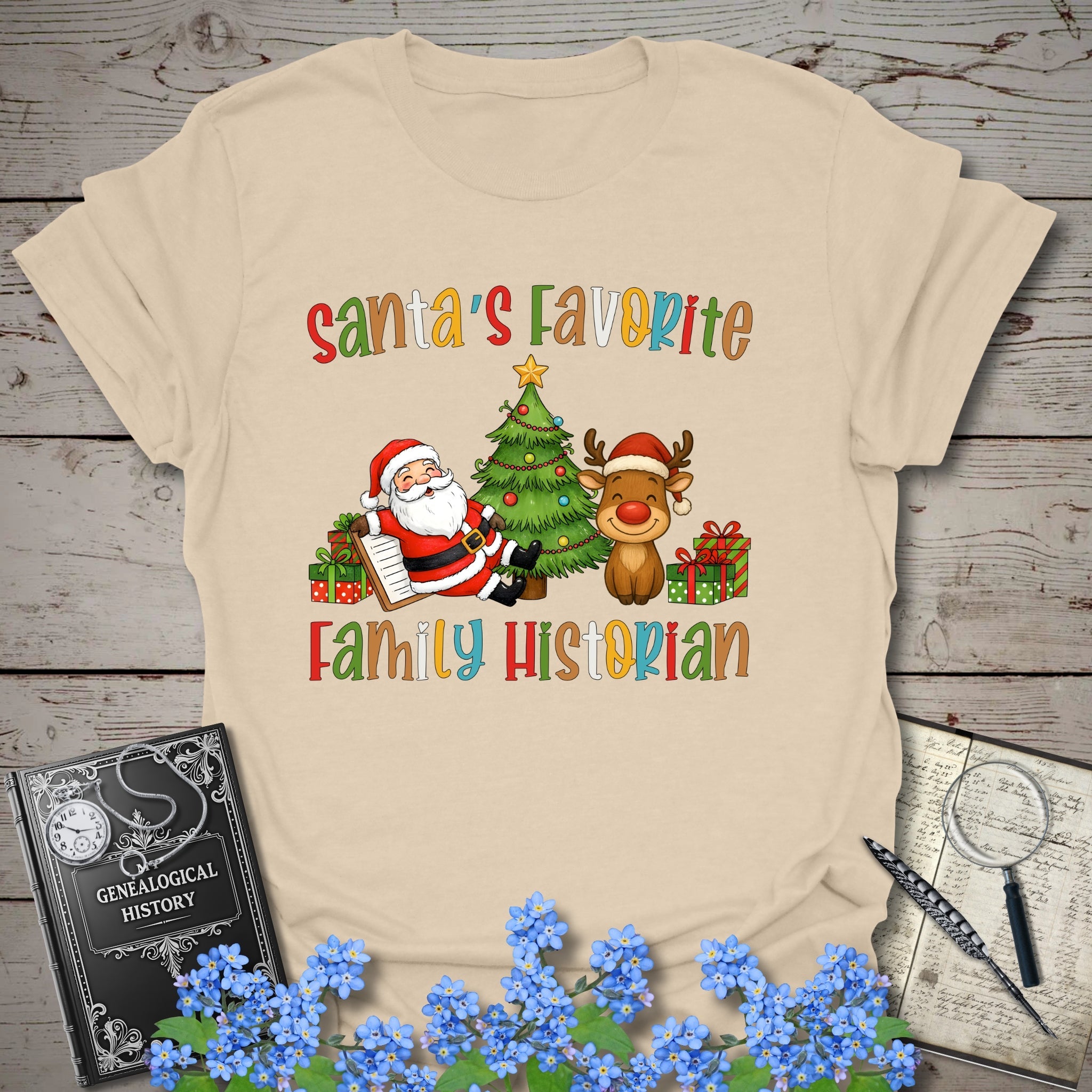 Santa's Favorite Family Historian T-Shirt in Sand by Genealogy Keepsakes