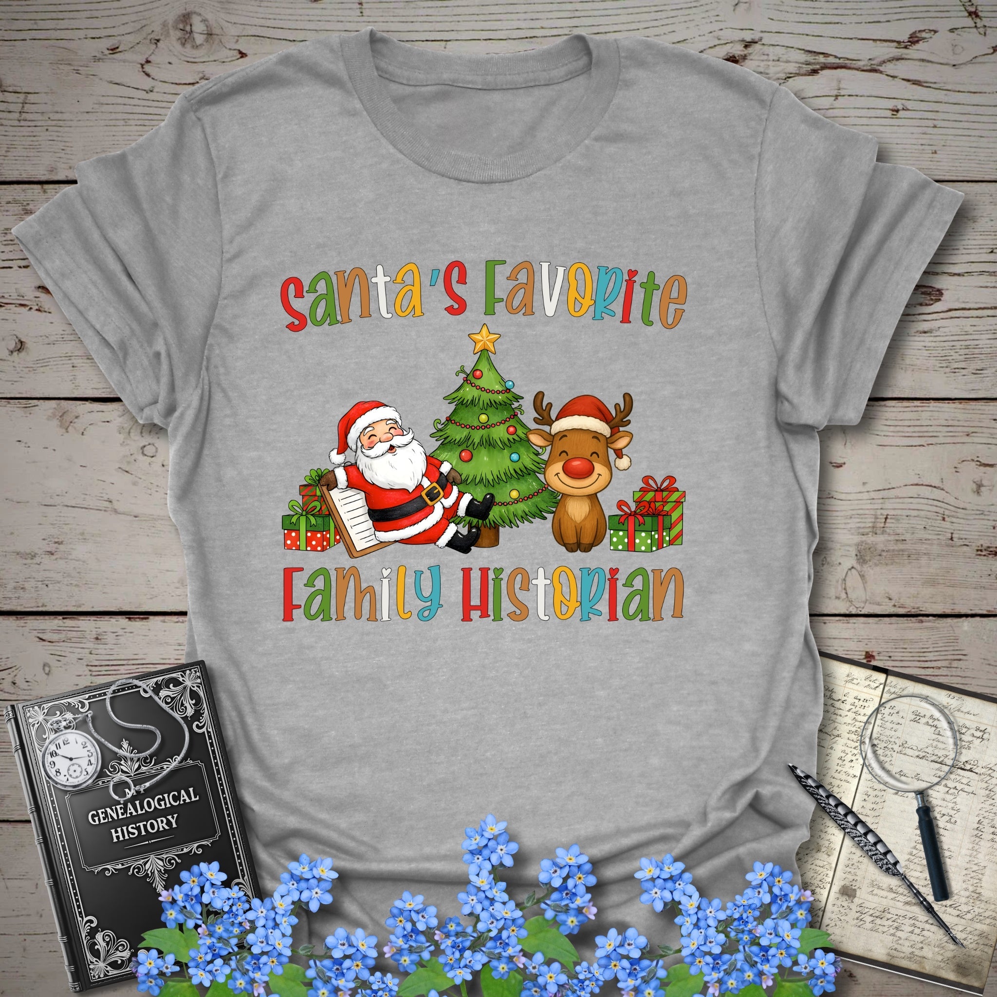 Santa's Favorite Family Historian T-Shirt in Sport Grey by Genealogy Keepsakes