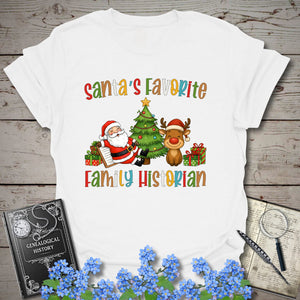 Santa's Favorite Family Historian T-Shirt in White by Genealogy Keepsakes