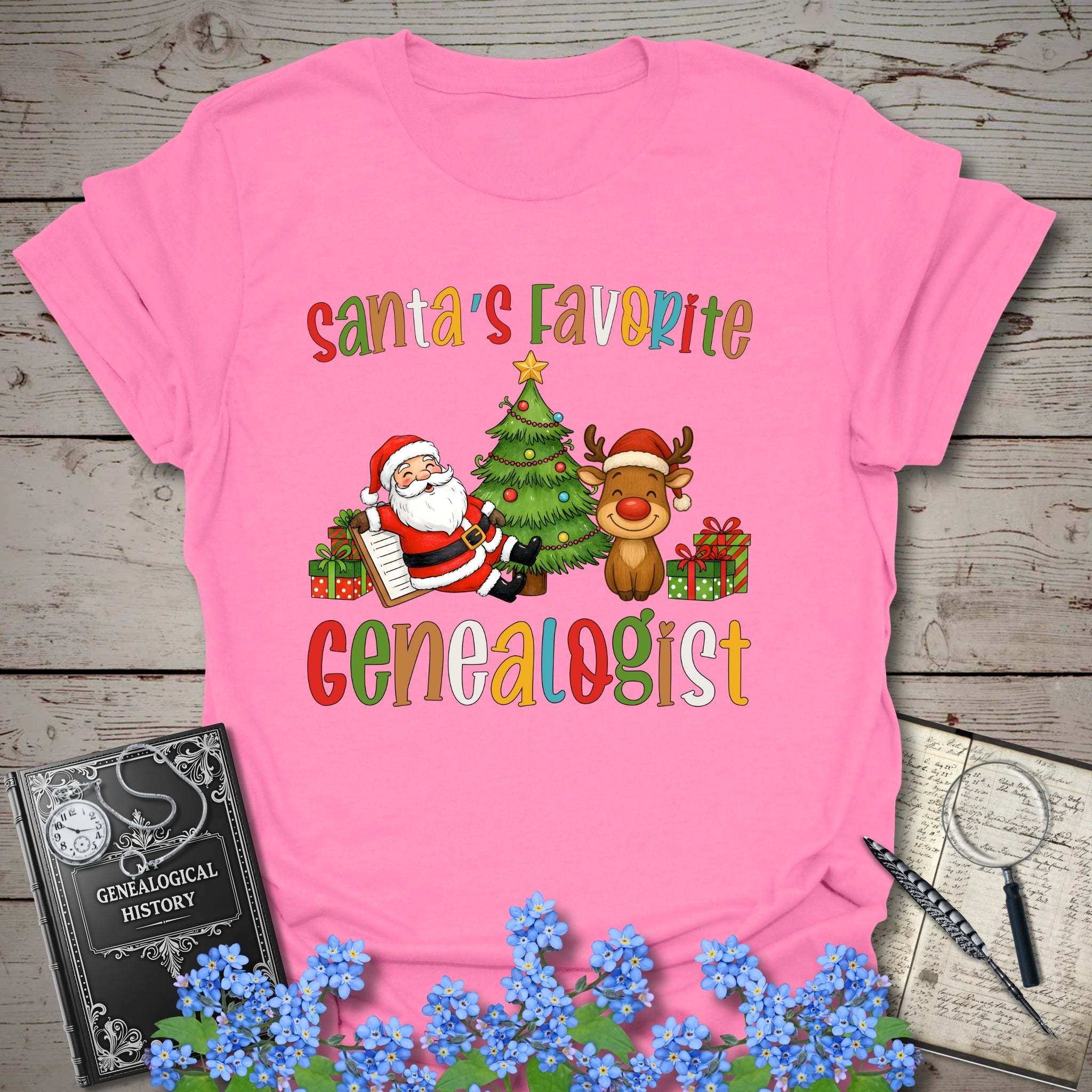 Santa's Favorite Genealogist T-Shirt in Azalea by Genealogy Keepsakes