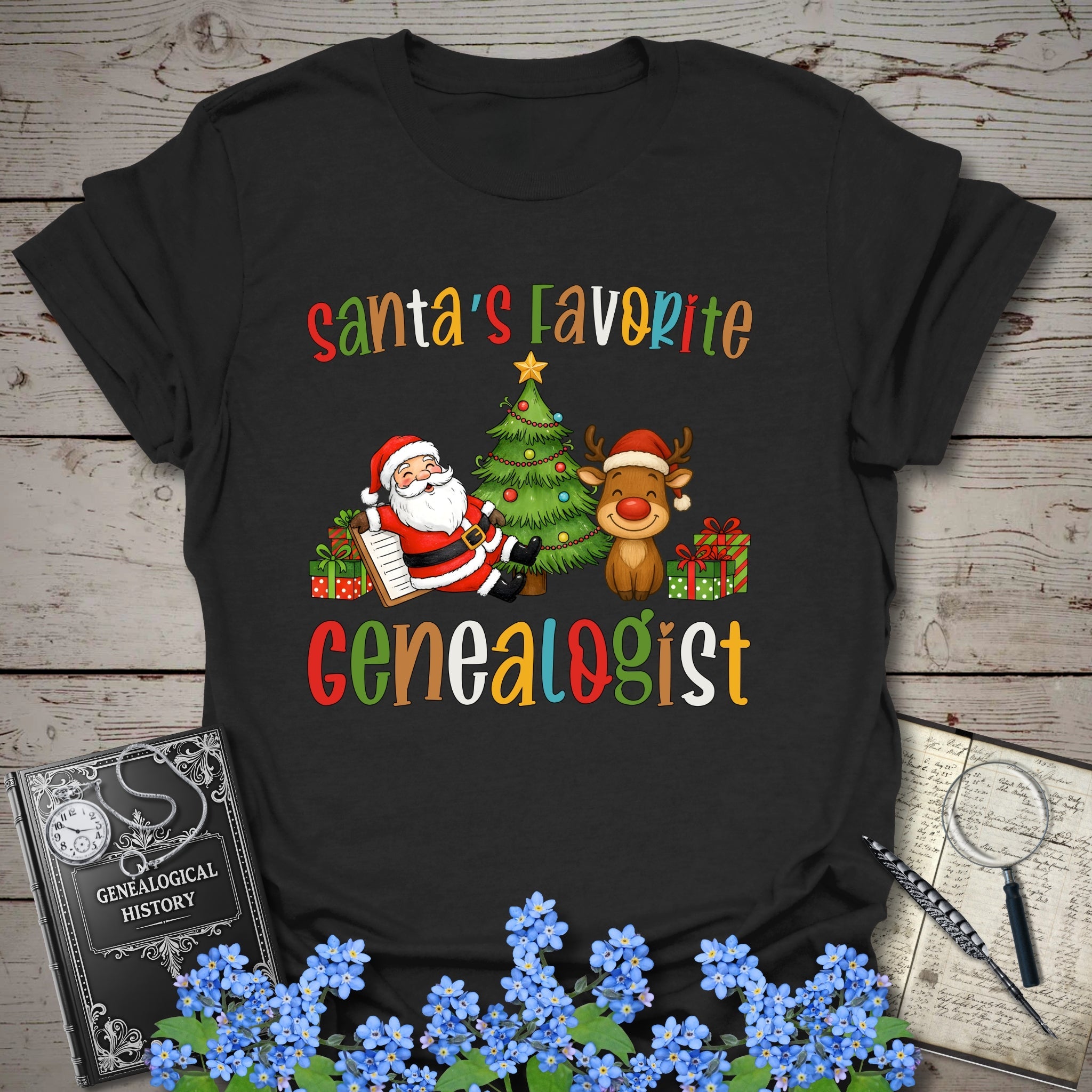 Santa's Favorite Genealogist T-Shirt in Black by Genealogy Keepsakes