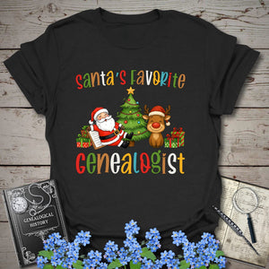 Santa's Favorite Genealogist T-Shirt in Black by Genealogy Keepsakes