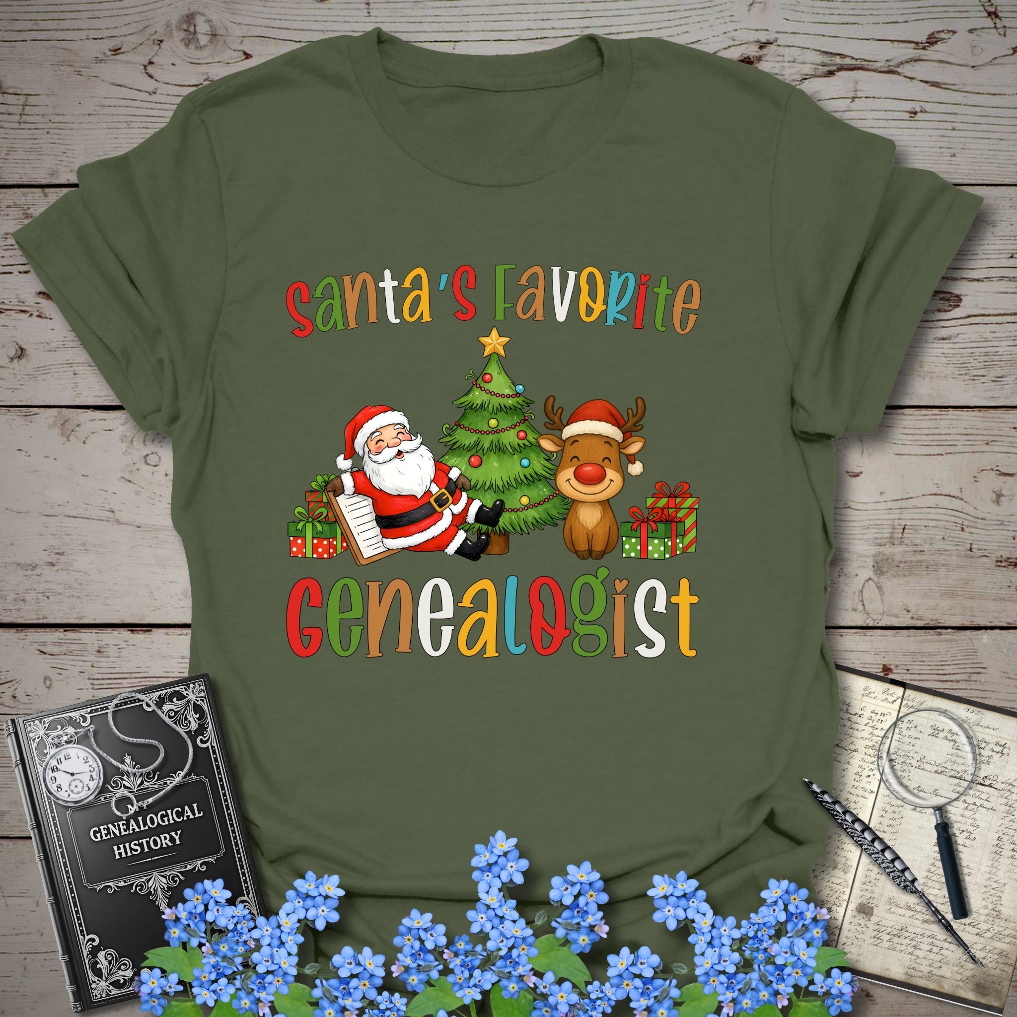 Santa's Favorite Genealogist T-Shirt in Military Green by Genealogy Keepsakes
