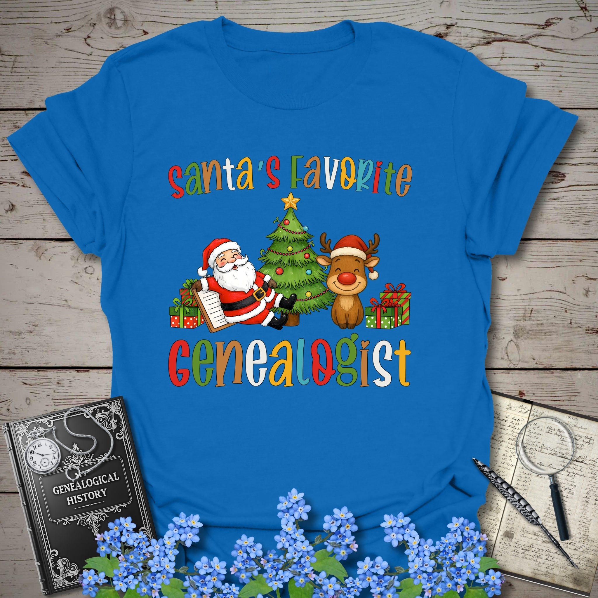 Santa's Favorite Genealogist T-Shirt in Royal by Genealogy Keepsakes