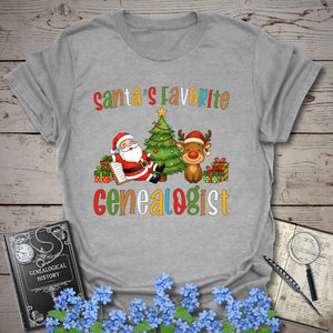 Santa's Favorite Genealogist T-Shirt in Sport Grey by Genealogy Keepsakes