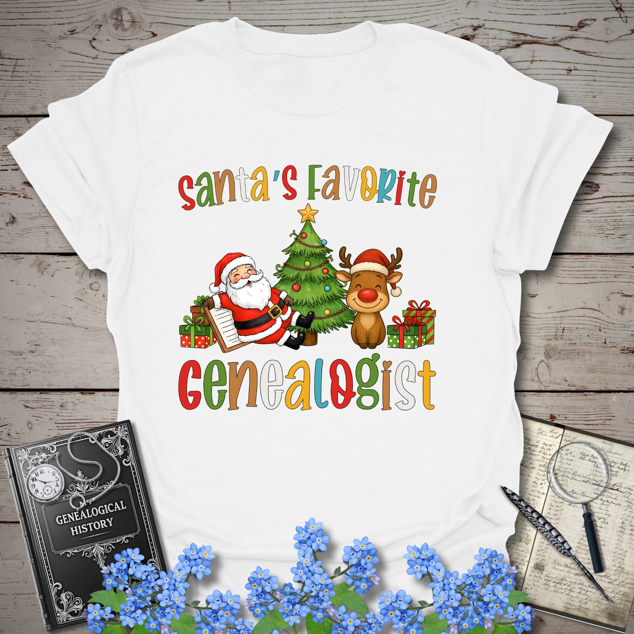 Santa's Favorite Genealogist T-Shirt in White by Genealogy Keepsakes