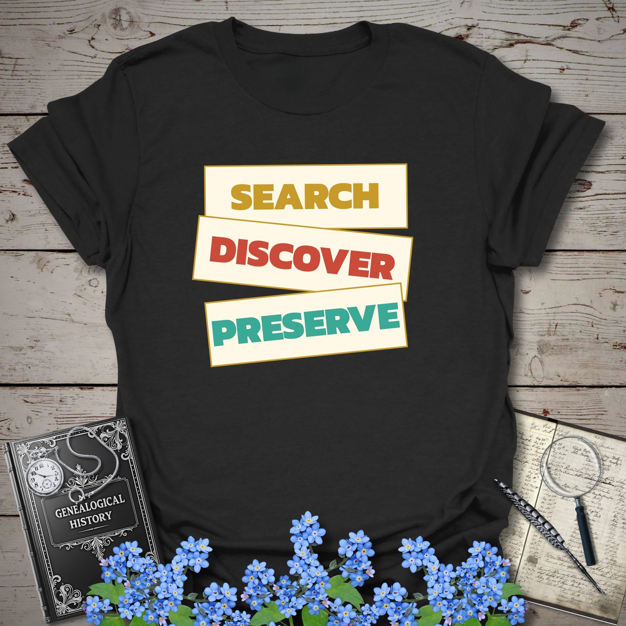 Search Discover Preserve T-Shirt in Black by Genealogy Keepsakes