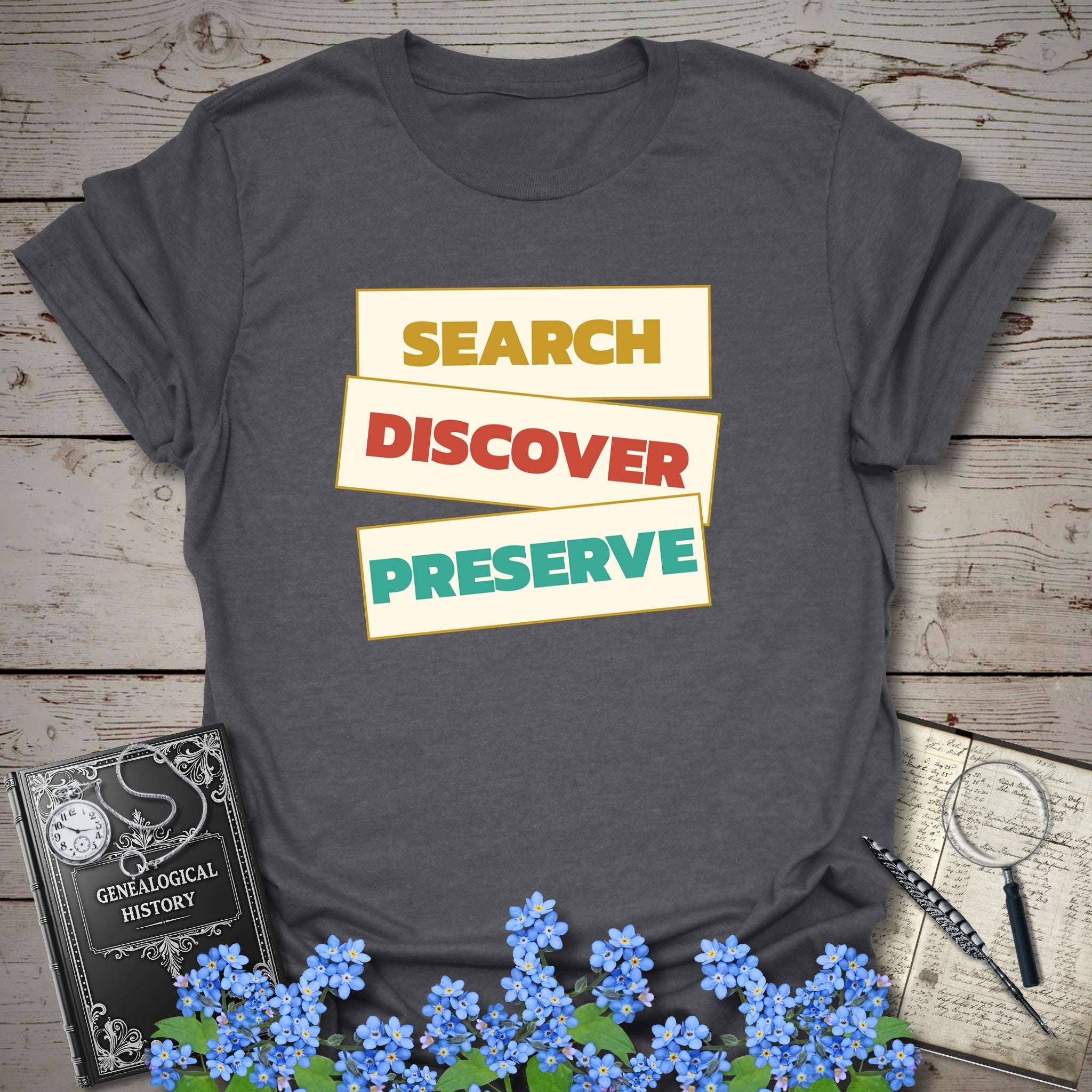 Search Discover Preserve T-Shirt in Dark Heather Grey by Genealogy Keepsakes