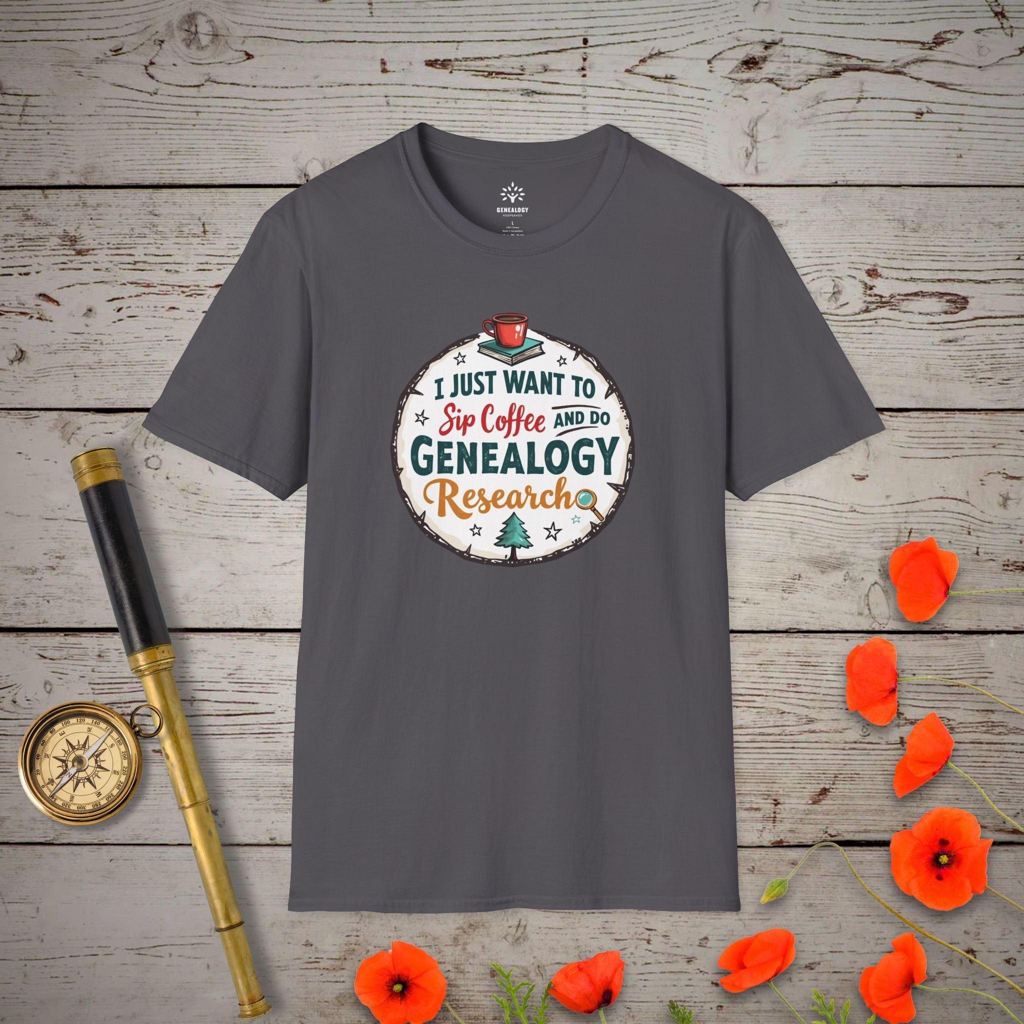 Sip Coffee, Do Genealogy T-Shirt in Charcoal by Genealogy Keepsakes
