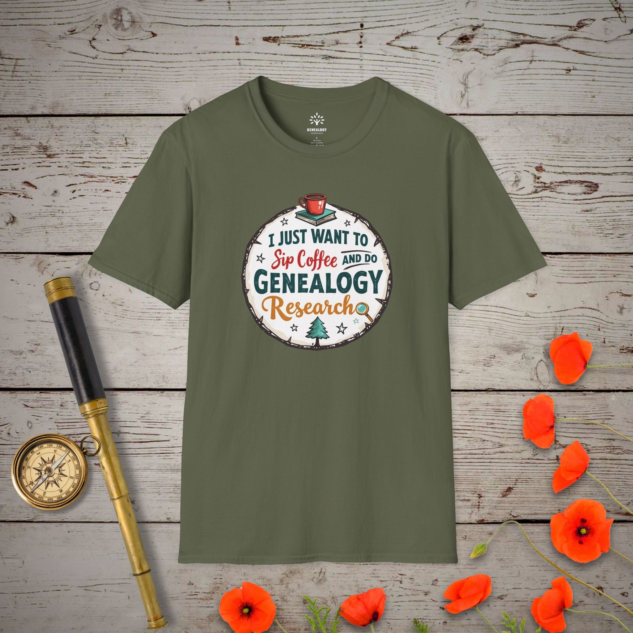 Sip Coffee, Do Genealogy T-Shirt in Military Green by Genealogy Keepsakes