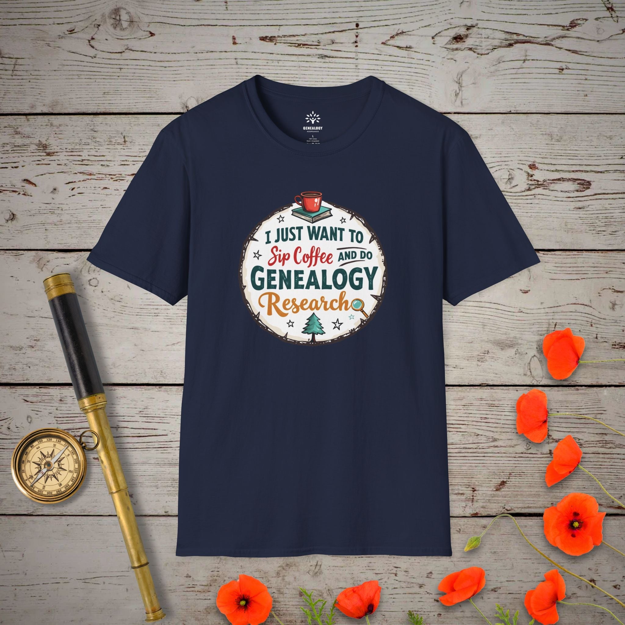Sip Coffee, Do Genealogy T-Shirt in Navy by Genealogy Keepsakes