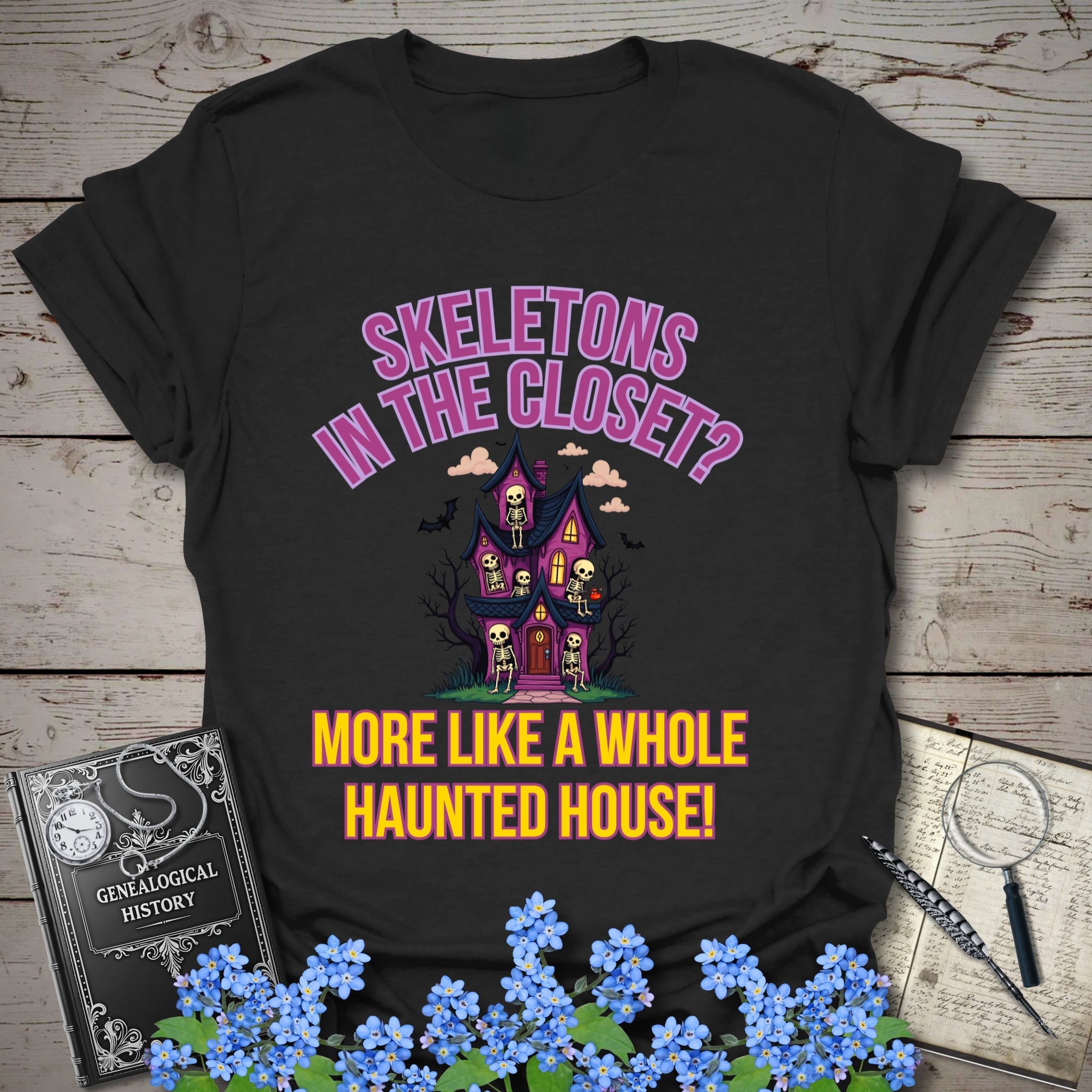 Skeletons In the Closet? T-Shirt in Black by Genealogy Keepsakes