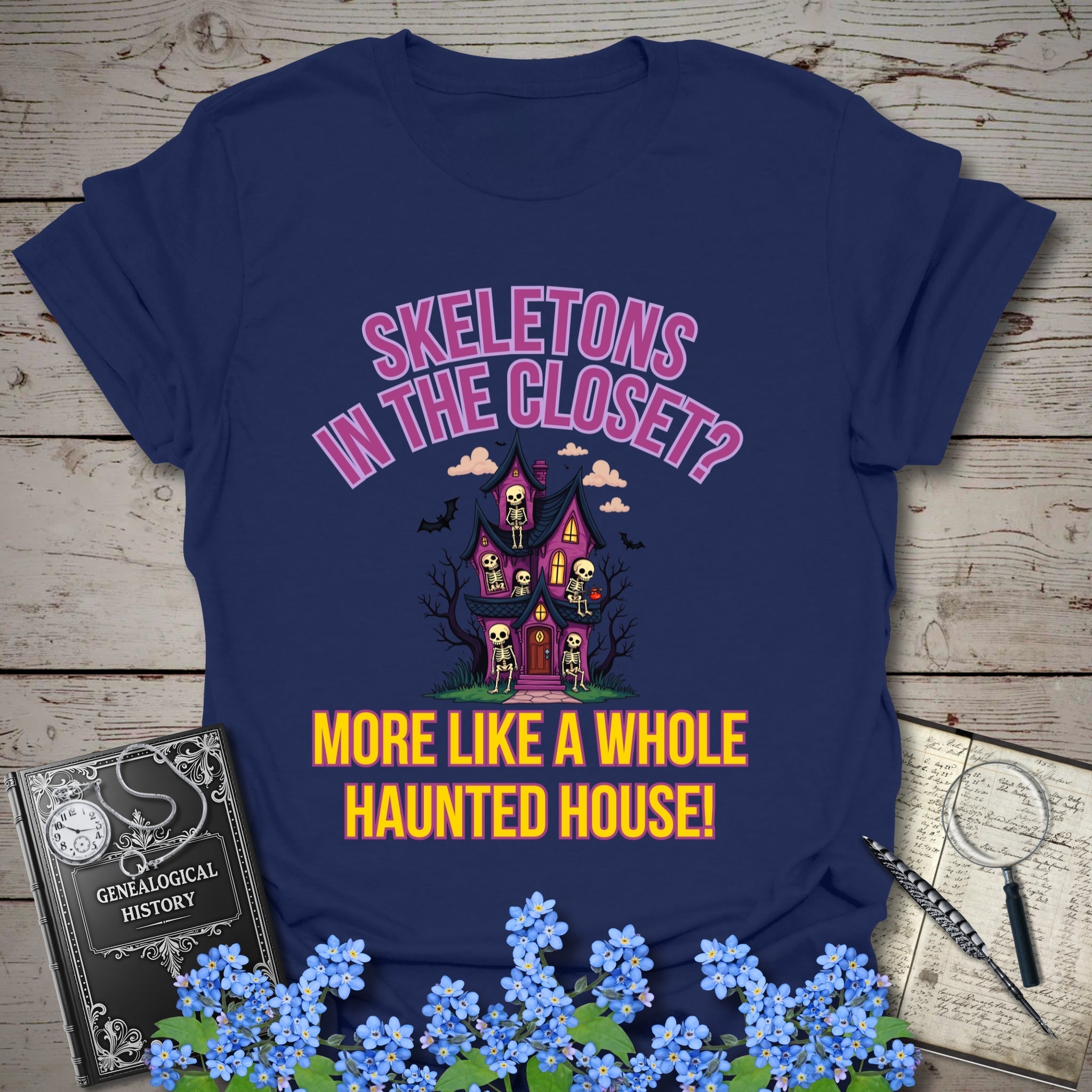 Skeletons In the Closet? T-Shirt in Navy by Genealogy Keepsakes