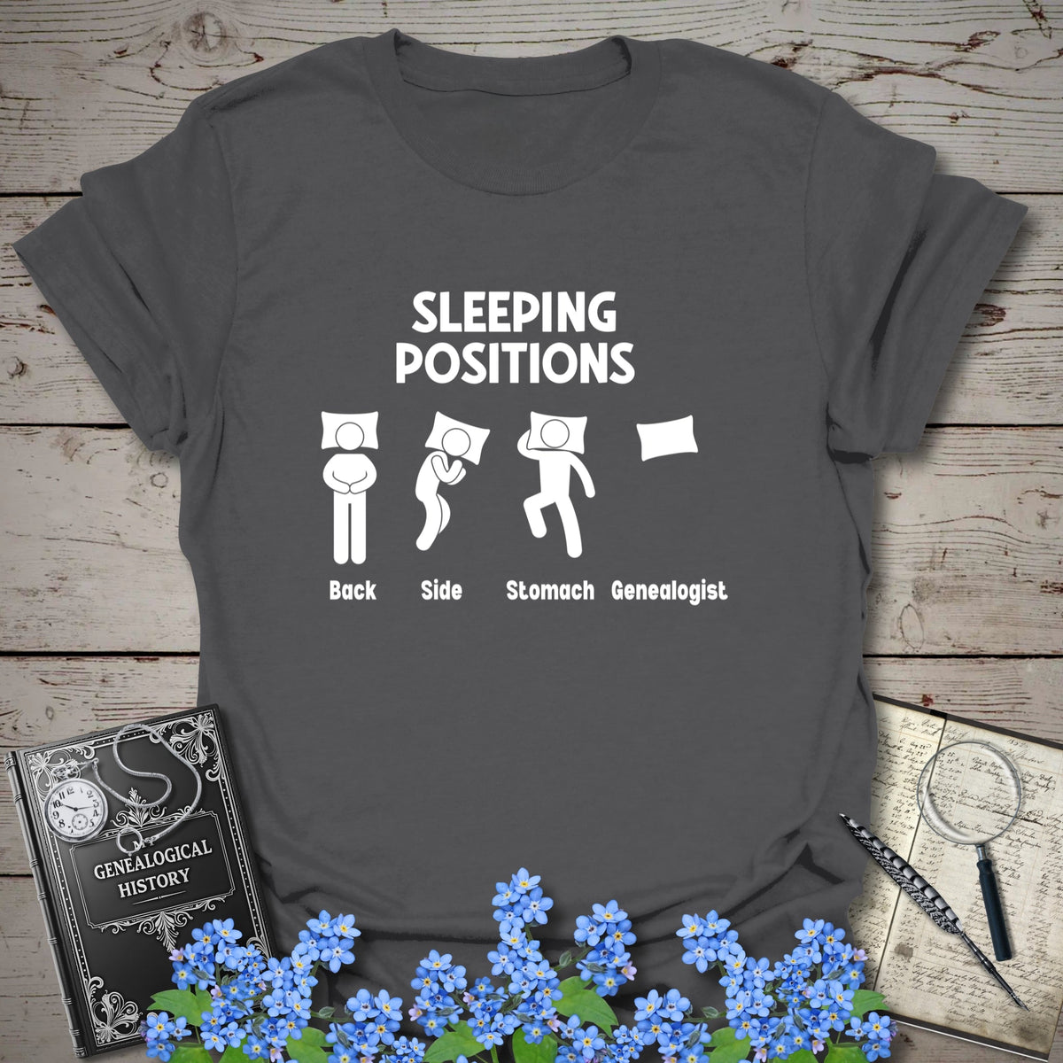 Sleeping Positions T-Shirt - Genealogy Keepsakes Custom Genealogy Gift - Charcoal S