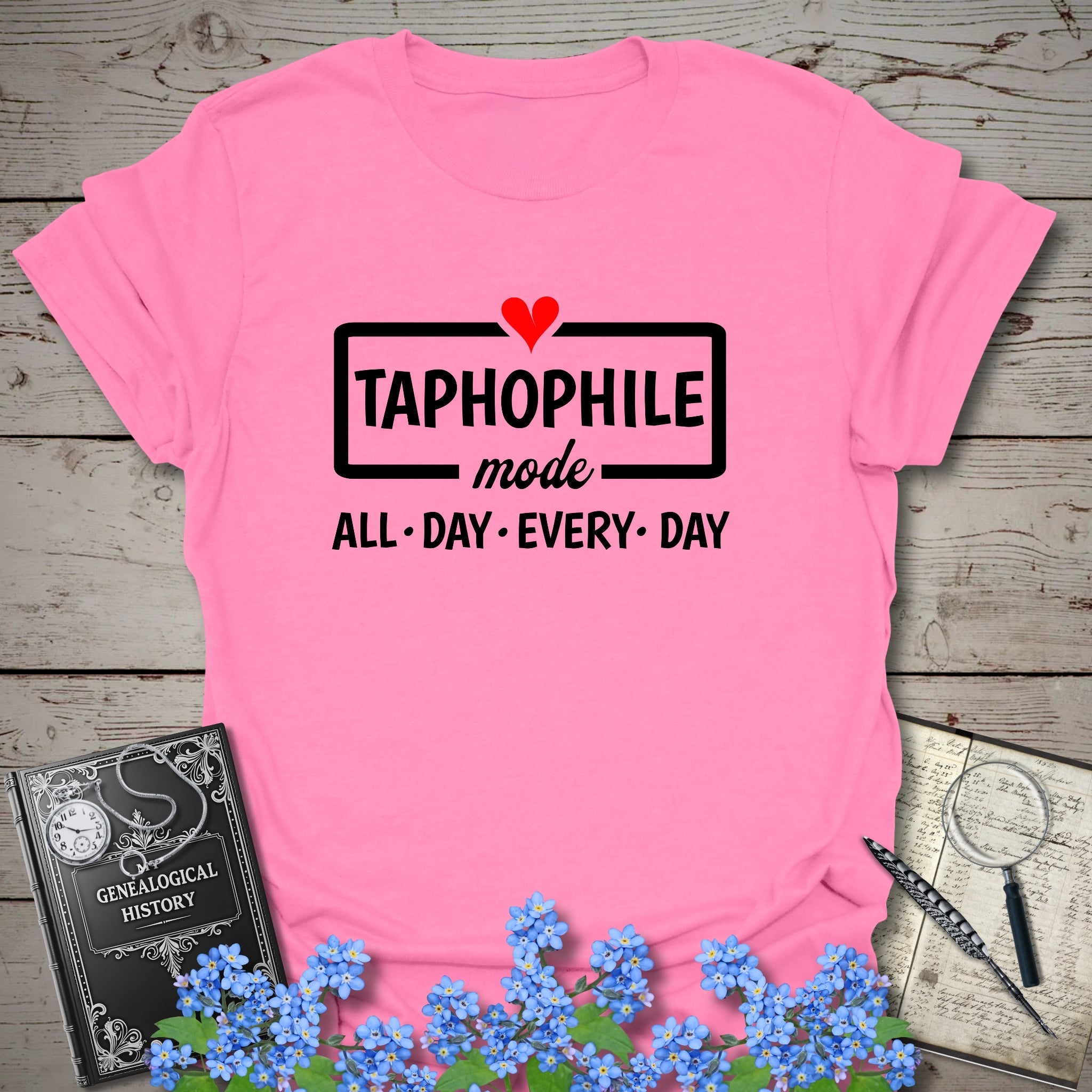 Taphophile Mode T-Shirt in Azalea by Genealogy Keepsakes