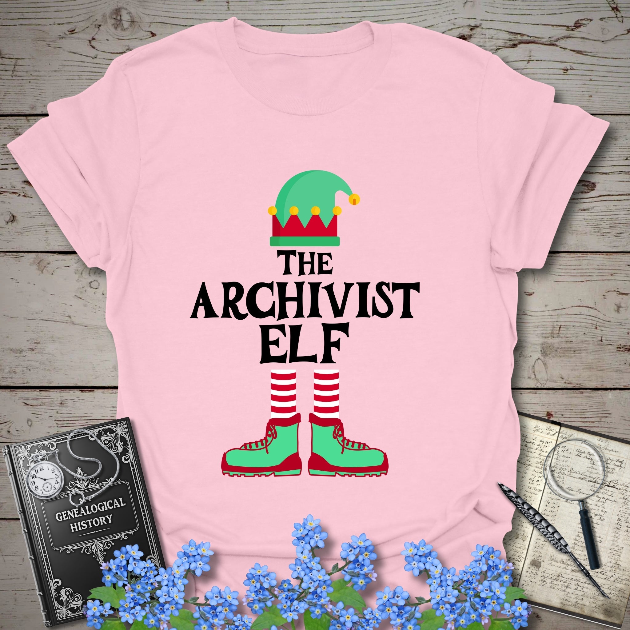 The Archivist Elf T-Shirt in Light Pink by Genealogy Keepsakes