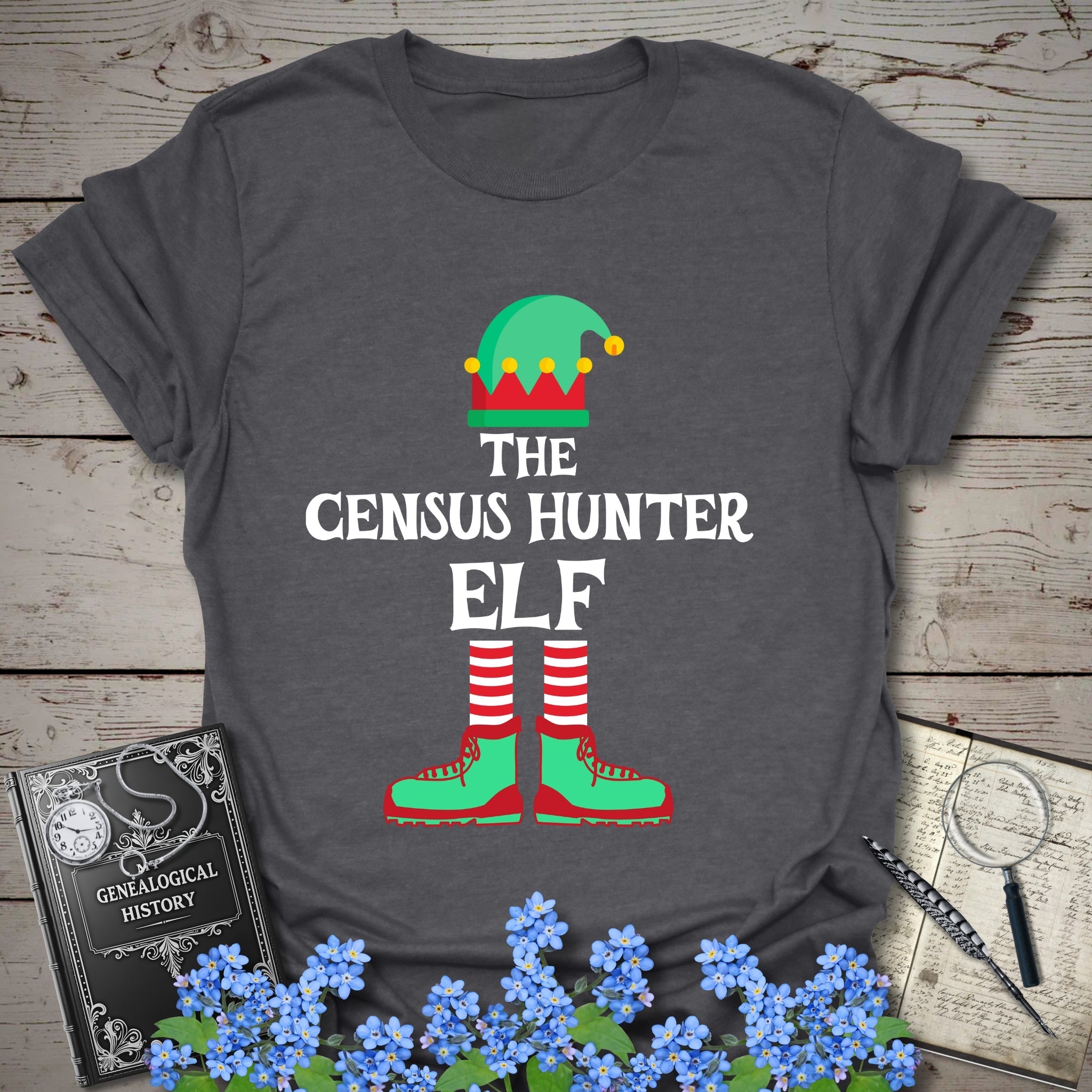 The Census Hunter Elf T-Shirt in Dark Heather Grey by Genealogy Keepsakes